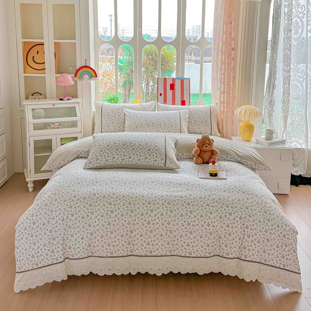 Lenjerii Bumbac 100% Premium cu Elastic Pat Dublu 4 Piese Alb Floral BB09