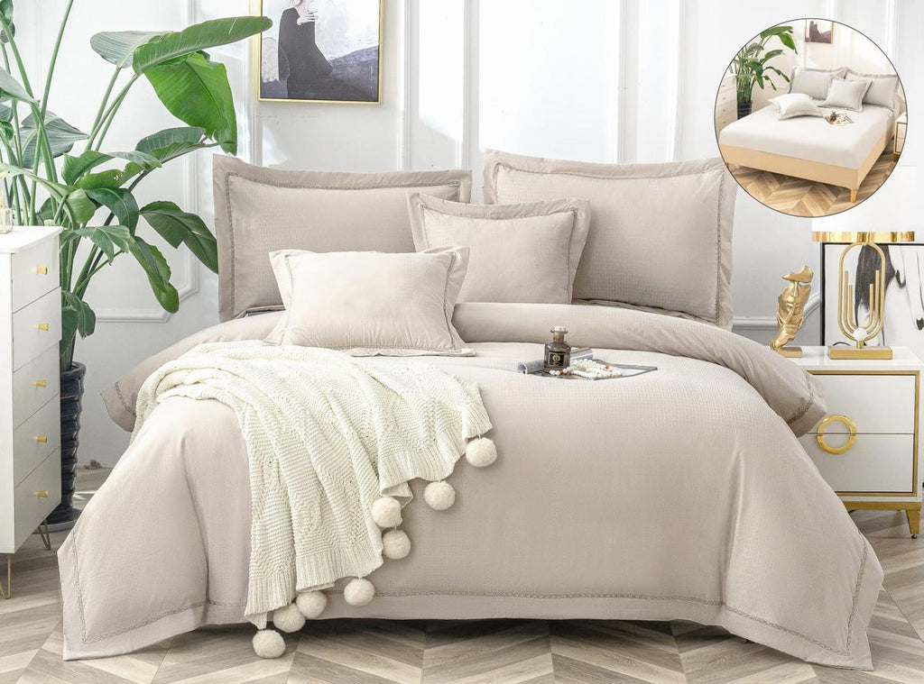 Lenjerii cu Elastic Bumbac Pat Dublu Simple Bej BFA201
