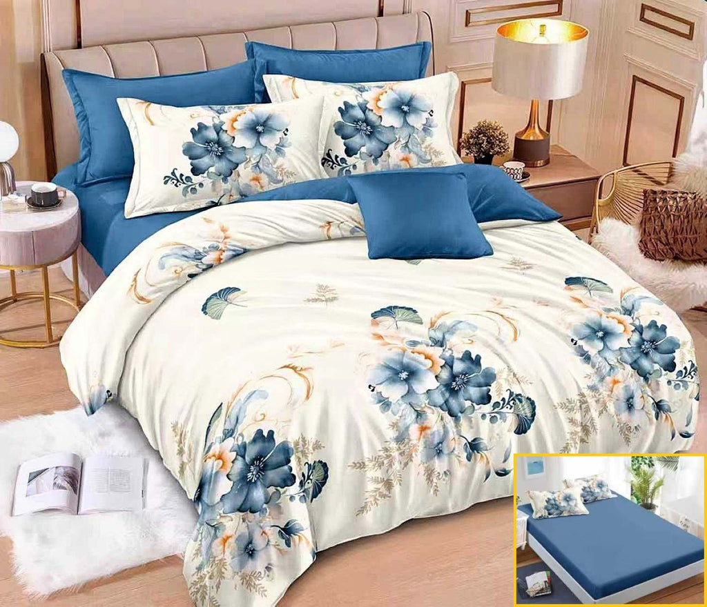lenjerii cu elastic finet pucioasa pat dublu alb albastru flori BFE343