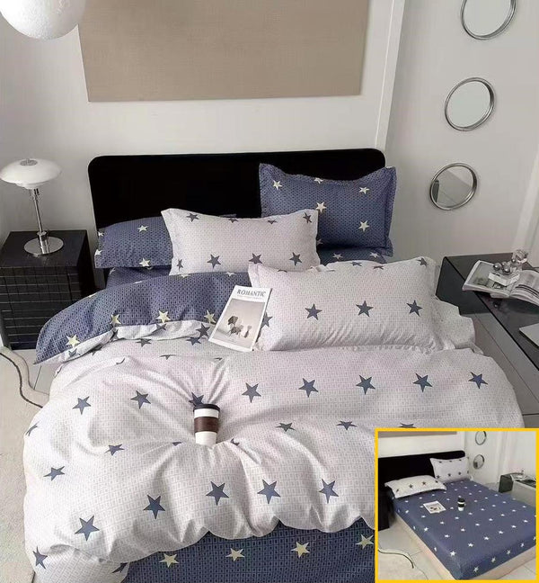 Lenjerii cu Elastic Finet Pucioasa Pat Dublu Albe Albastre Stelute BFE317