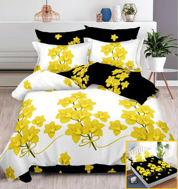 Lenjerii cu Elastic Finet Pucioasa Pat Dublu Albe Galbene Floral BFE104