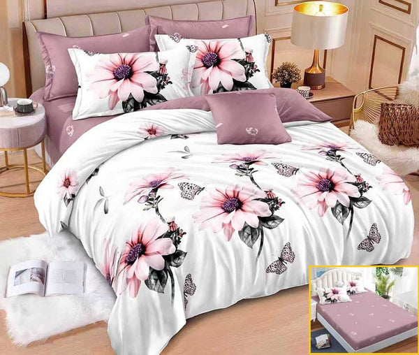 lenjerii cu elastic finet pucioasa pat dublu alb mov flori BFE347