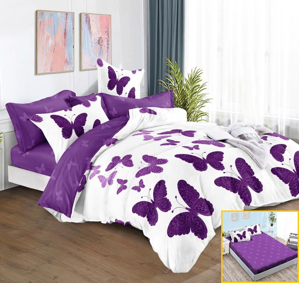 Lenjerii cu Elastic Finet Pucioasa Pat Dublu Albe Mov Fluturasi BFE21