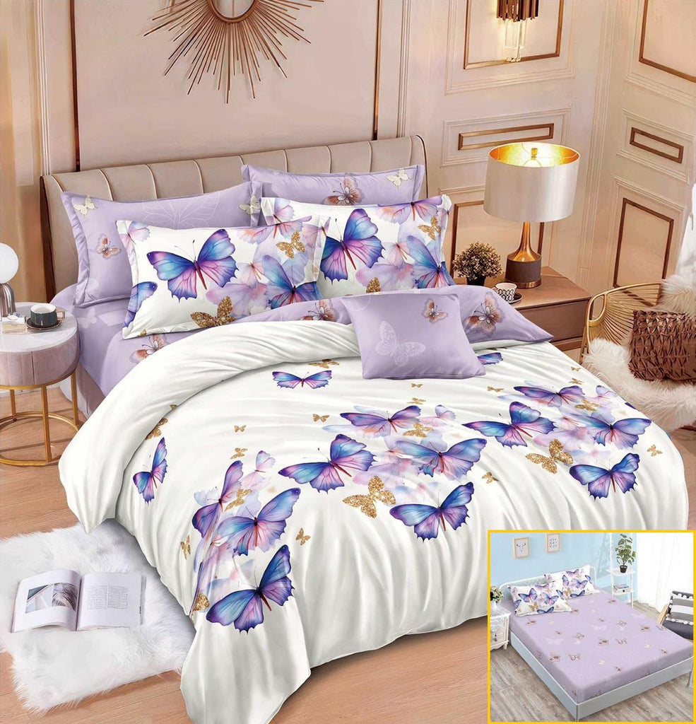 Lenjerii cu Elastic Finet Pucioasa Pat Dublu Albe Lila Fluturasi BFE319