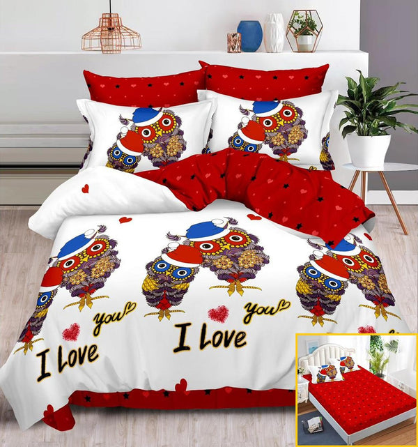 Lenjerii cu Elastic Finet Pucioasa Pat Dublu Albe Rosii Bufnite BFE139