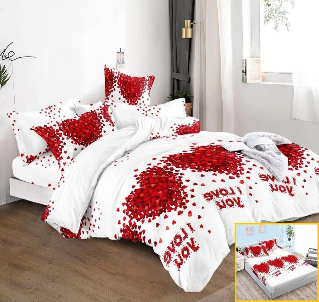 Lenjerii cu Elastic Finet Pucioasa Pat Dublu Albe Inimioare Rosii BFE16