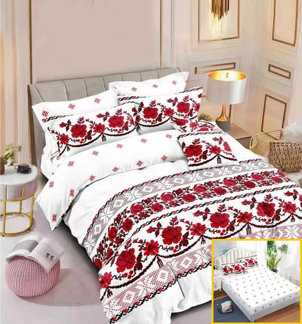 Lenjerii cu Elastic Finet Pucioasa Pat Dublu Albe Motive Etno Rosii BFE196