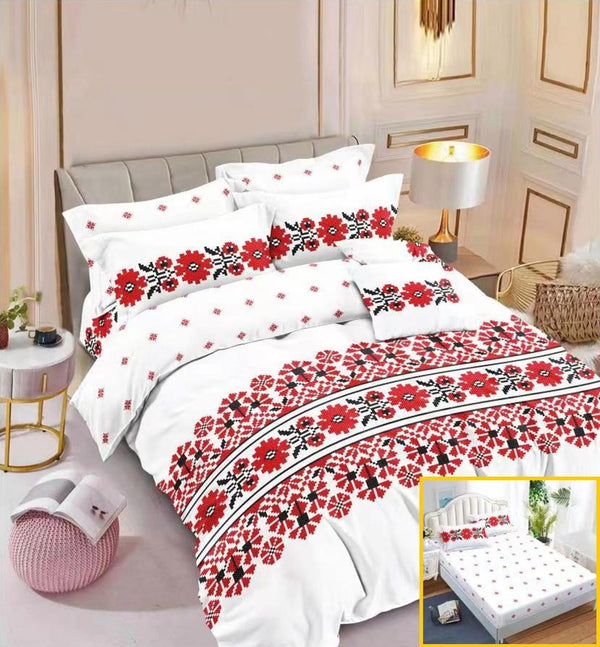 Lenjerii cu Elastic Finet Pucioasa Pat Dublu Albe Motive Etno Rosii BFE197