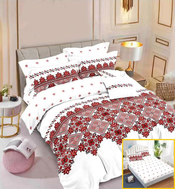 Lenjerii cu Elastic Finet Pucioasa Pat Dublu Albe Motive Etno Rosii BFE198