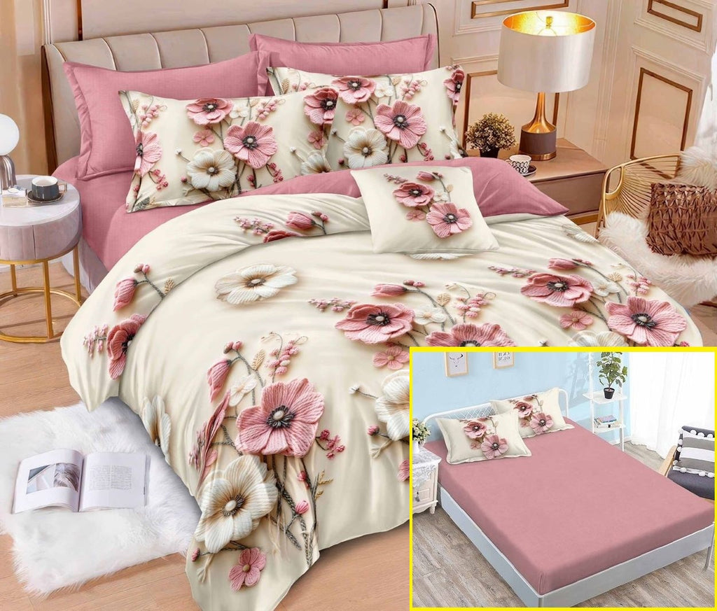 Lenjerii cu Elastic Finet Pucioasa Pat Dublu Alb Roz Floral BFE353