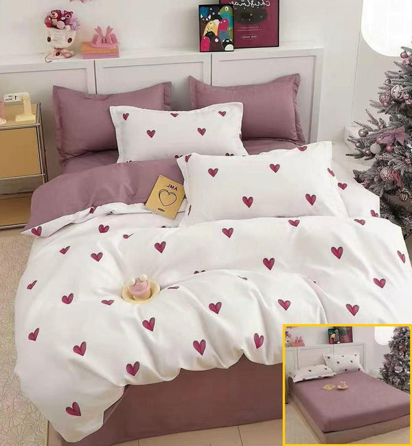 Lenjerii cu Elastic Finet Pucioasa Pat Dublu Albe Roz Inimioare BFE316