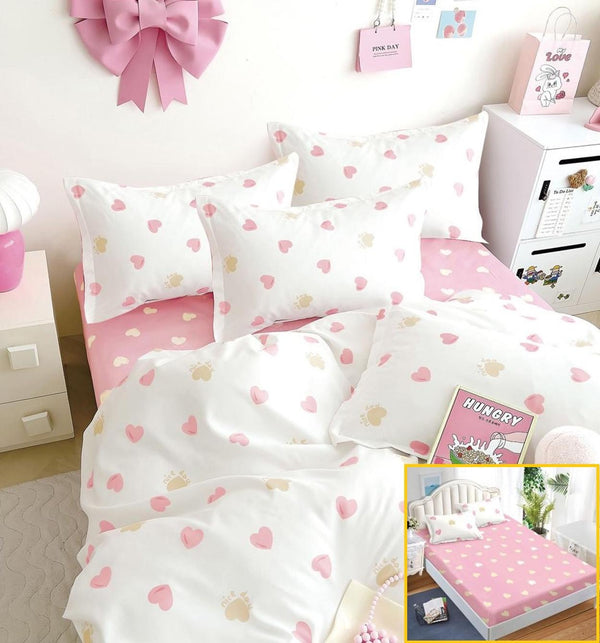 Lenjerii cu Elastic Finet Pucioasa Pat Dublu Albe Roz Inimioare BFE320