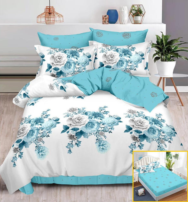 Lenjerii cu Elastic Finet Pucioasa Pat Dublu Albe Bleu Floral BFE117