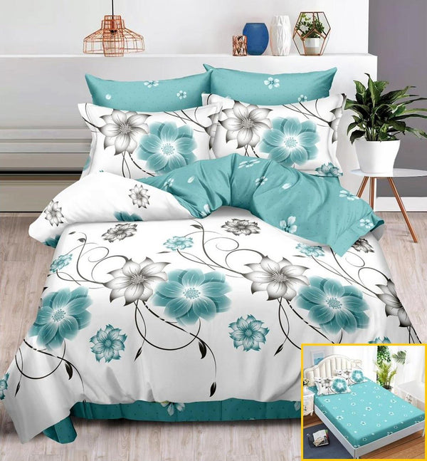 Lenjerii cu Elastic Finet Pucioasa Pat Dublu Albe Bleu Floral BFE157