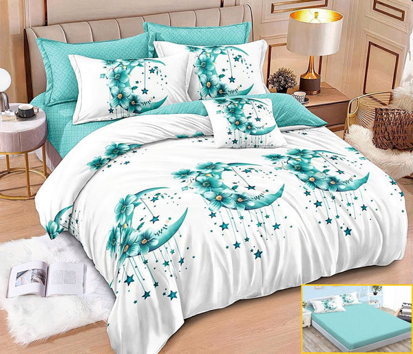 lenjerii cu elastic finet pucioasa pat dublu alb turcoaz luna flori BFE338