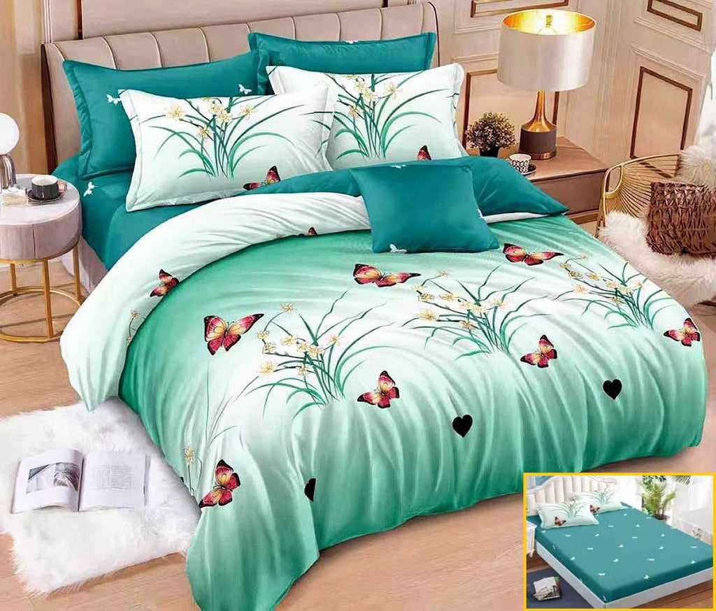 lenjerii cu elastic finet pucioasa pat dublu alb verde fluturi flori BFE349