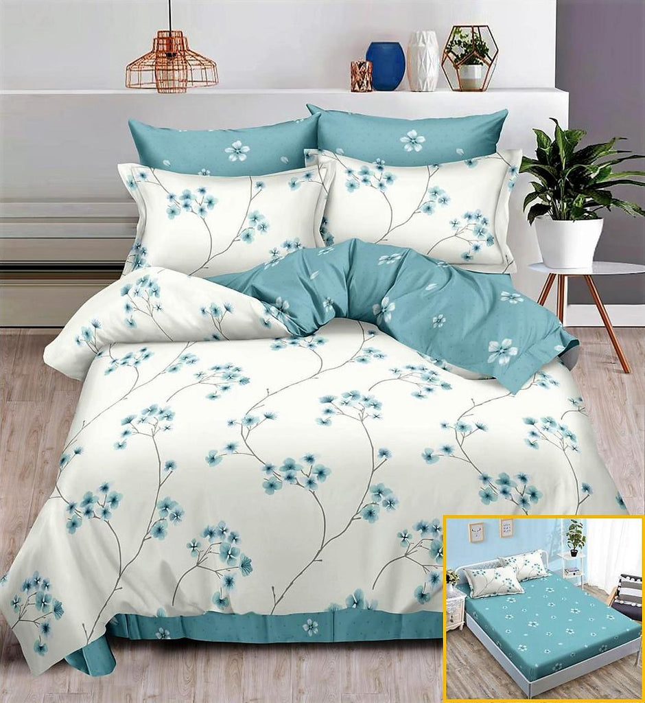 Lenjerii cu Elastic Finet Pucioasa Pat Dublu Albe Bleu Floral BFE211
