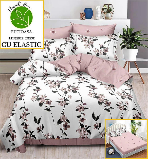 Lenjerii cu Elastic Finet Pucioasa Pat Dublu Albe Roz Floral BFE162