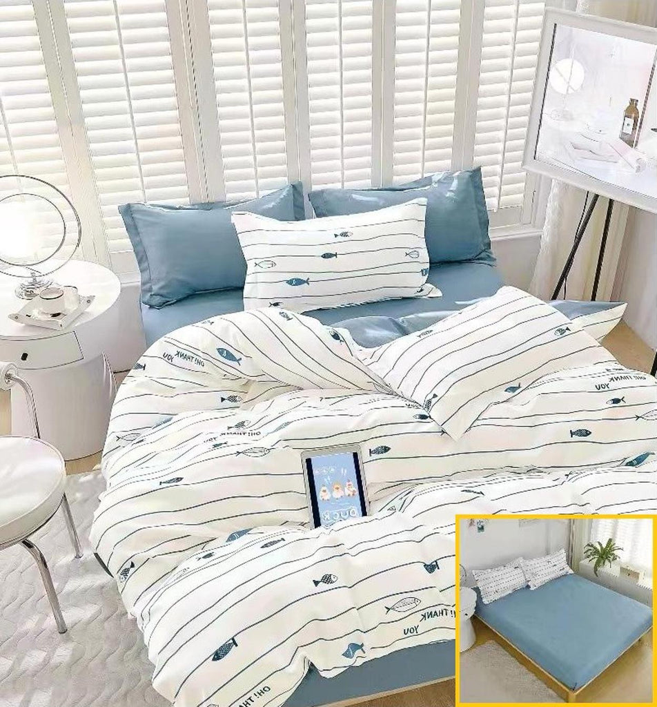 Lenjerii cu Elastic Finet Pucioasa Pat Dublu Albe Albastre Pestisori BFE229