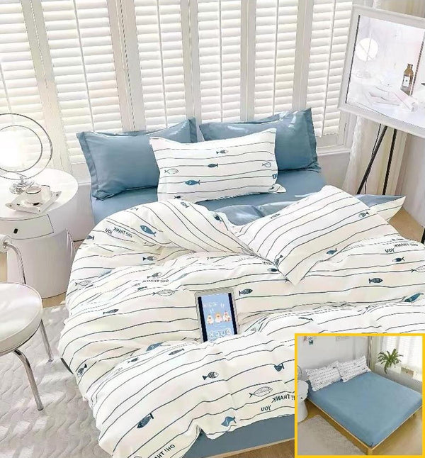 Lenjerii cu Elastic Finet Pucioasa Pat Dublu Albe Albastre Pestisori BFE229