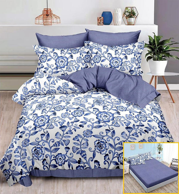 Lenjerii cu Elastic Finet Pucioasa Pat Dublu Albastre Floral BFE221