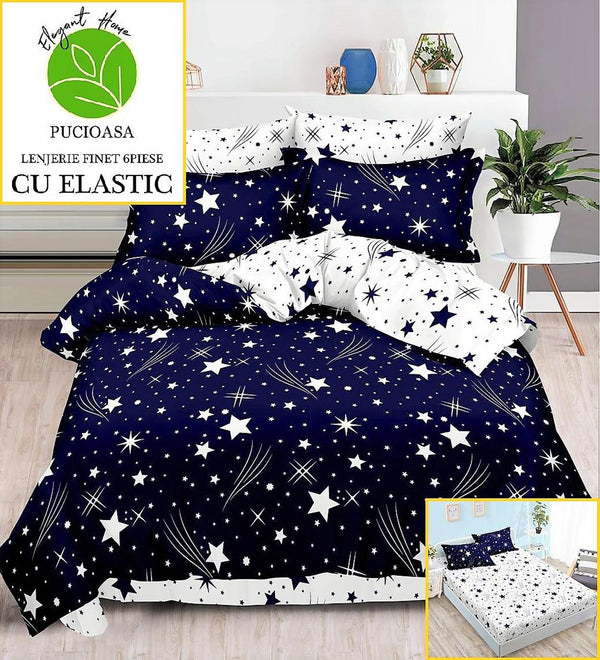 Lenjerii cu Elastic Finet Pucioasa Pat Dublu Bleumarin Stele BFE80
