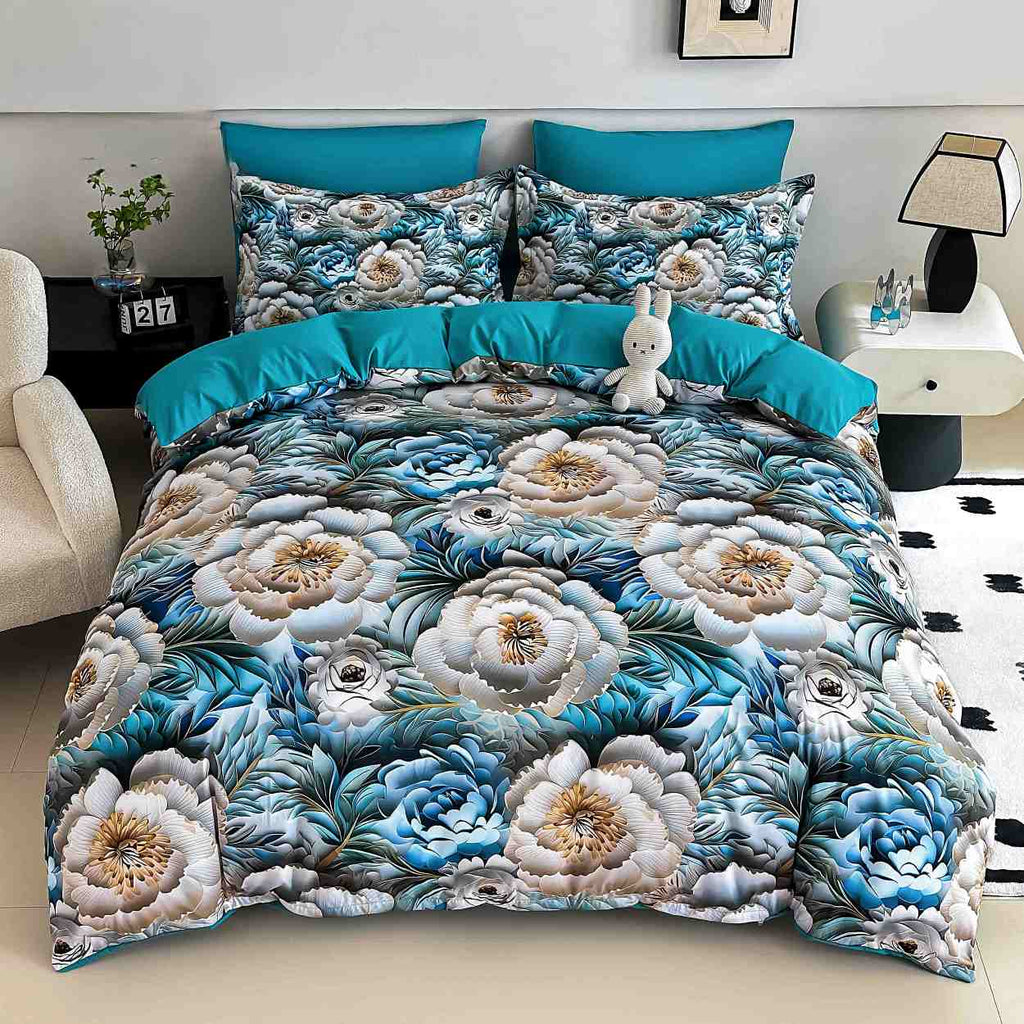 lenjerii cu elastic bumbac finet gros digital print albastru gri flori BFEJ506