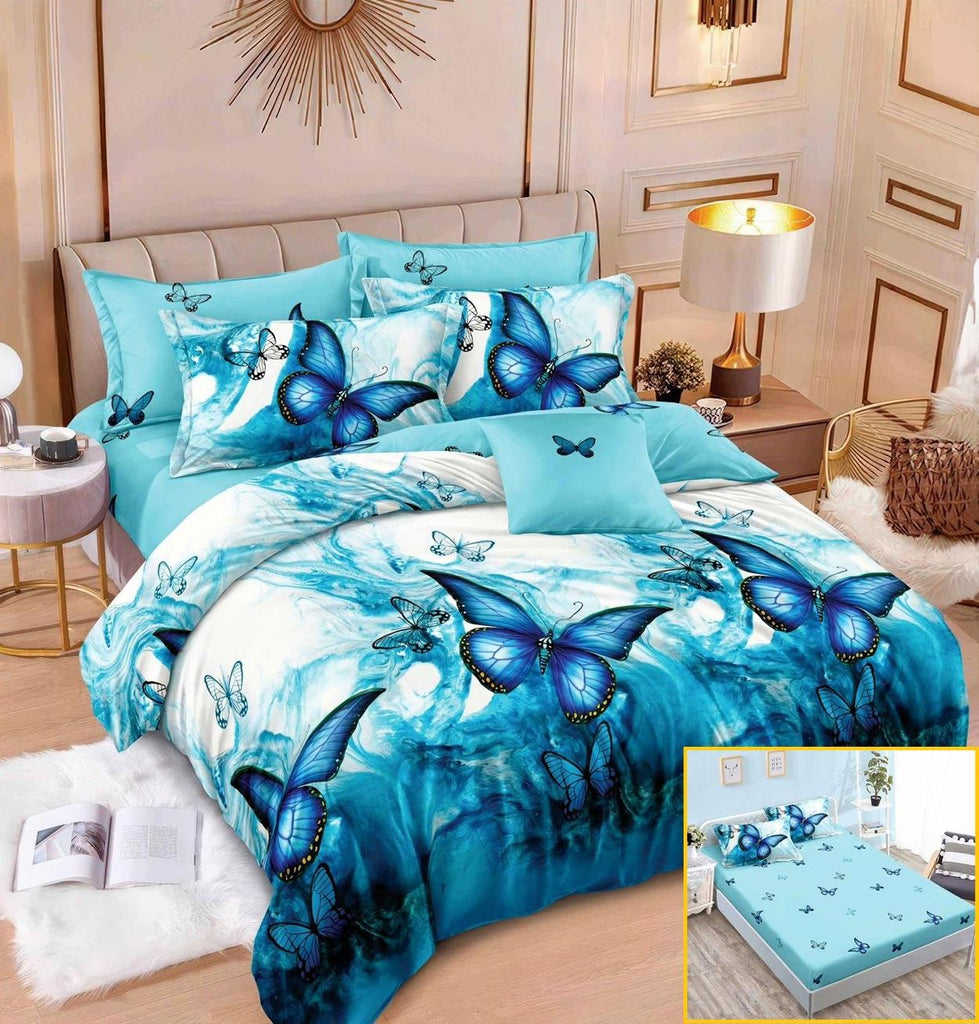 Lenjerii cu Elastic Finet Pucioasa Pat Dublu Albastre Fluturasi BFE301