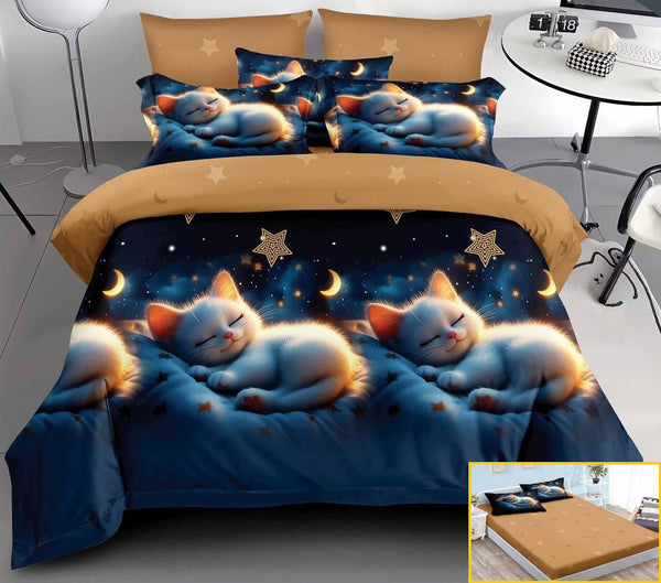 lenjerii cu elastic finet pucioasa pat dublu albastru maro stele pisica BFE336