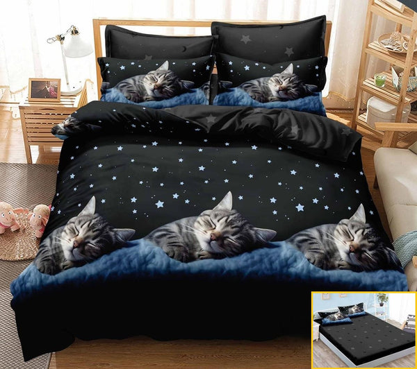 lenjerii cu elastic finet pucioasa pat dublu negru albastru stele pisica BFE323