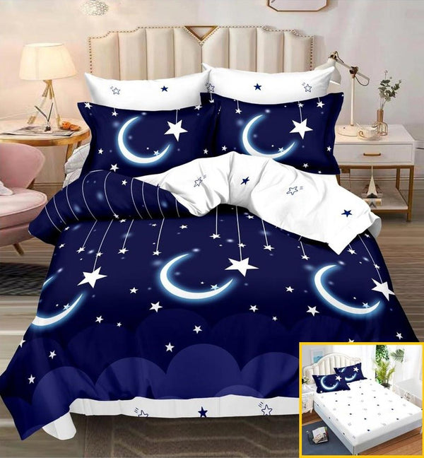 Lenjerii cu Elastic Finet Pucioasa Pat Dublu Albastre Stelute BFE27