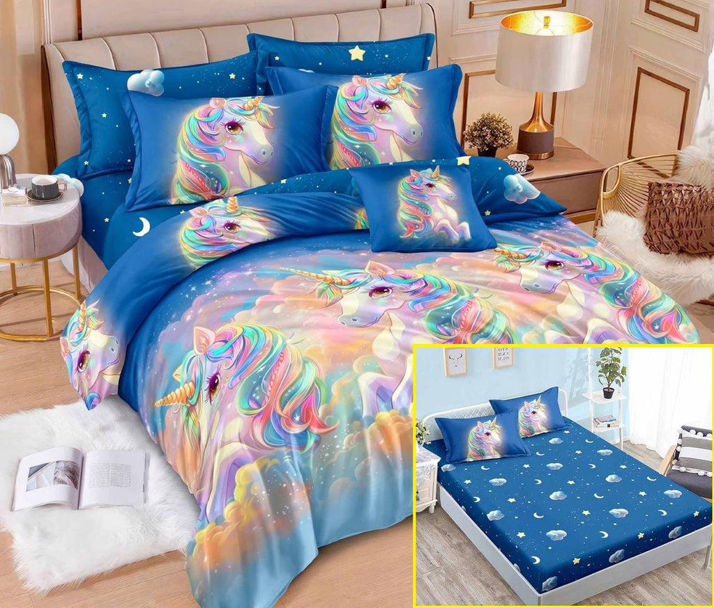 Lenjerii cu Elastic Finet Pucioasa Pat Dublu Albastru Unicorn BFE355