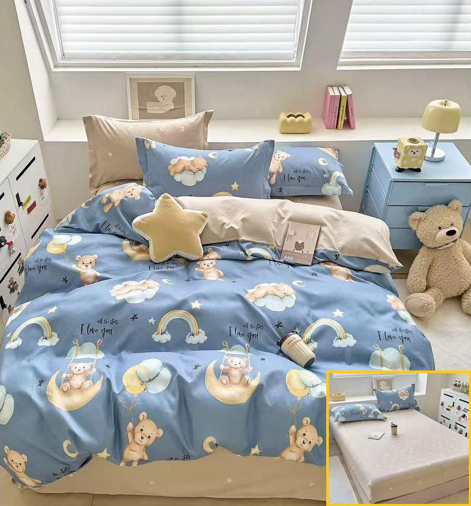 Lenjerii cu Elastic Finet Pucioasa Pat Dublu Albastre Ursuleti Baloane BFE310