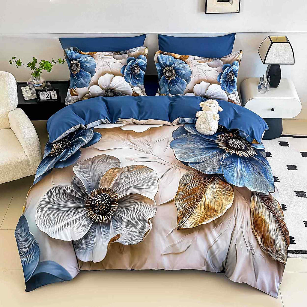 lenjerii cu elastic bumbac finet gros digital print albastru crem flori BFEJ519