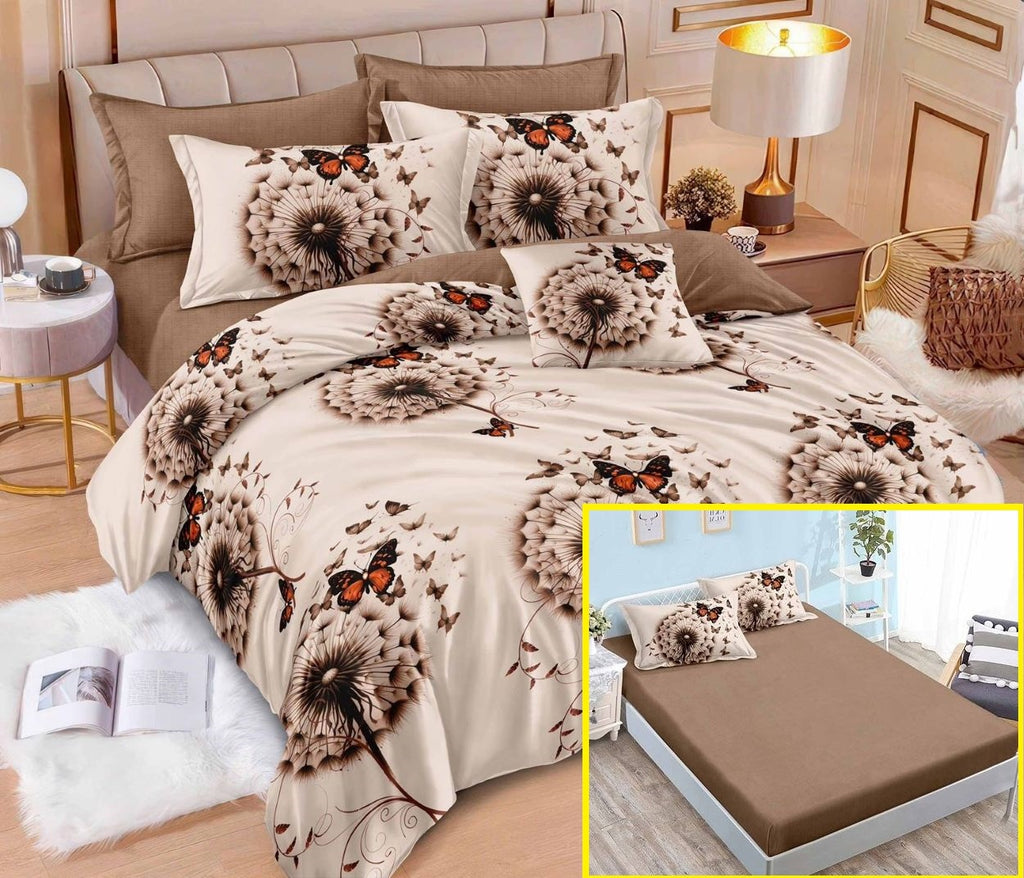 Lenjerii cu Elastic Finet Pucioasa Pat Dublu Crem Maro Fluturi BFE352