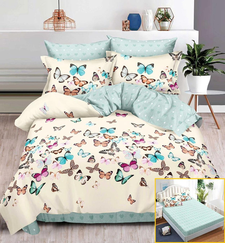 Lenjerii cu Elastic Finet Pucioasa Pat Dublu Crem Bleu Fluturasi BFE92