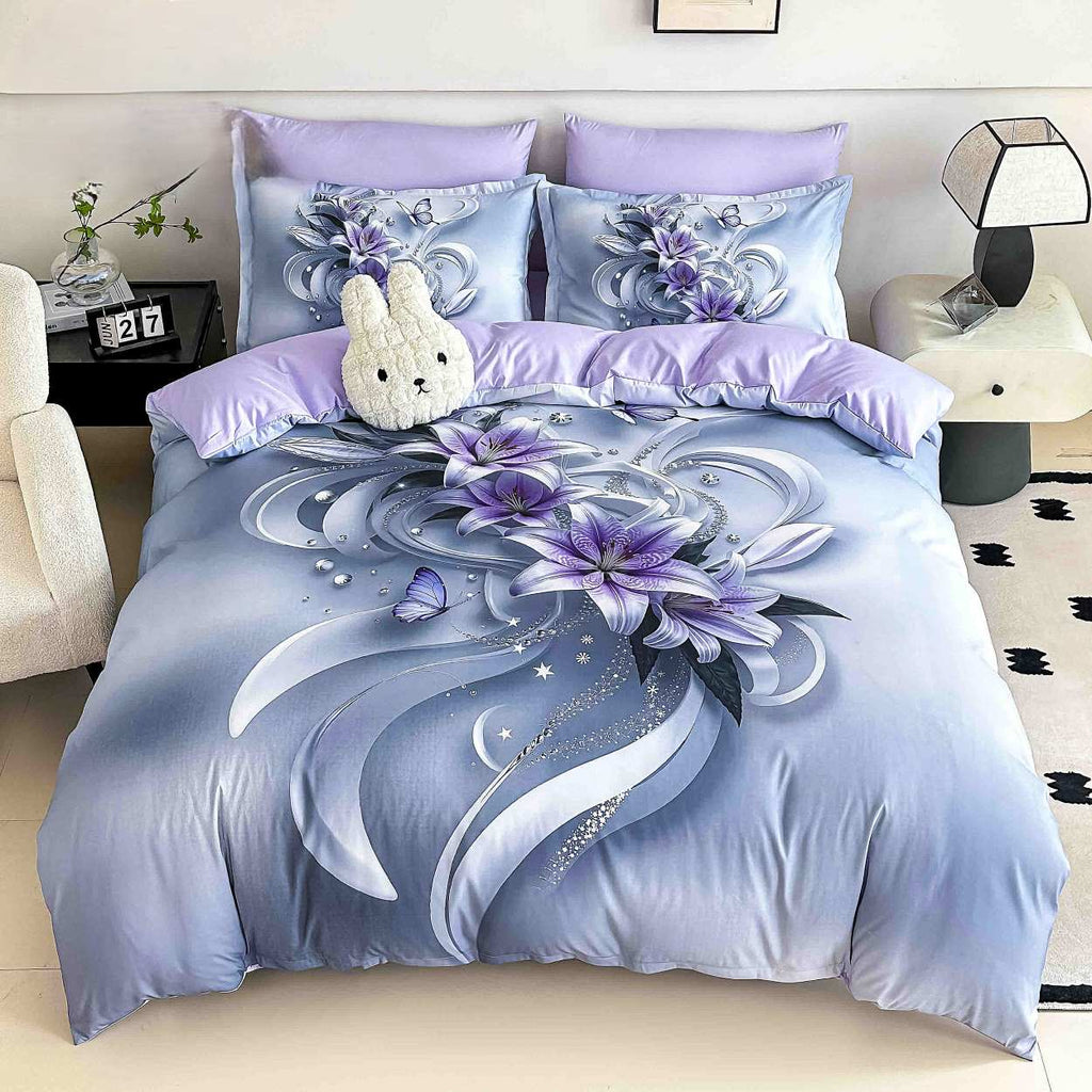lenjerii cu elastic bumbac finet gros digital print lila argintiu flori BFEJ535