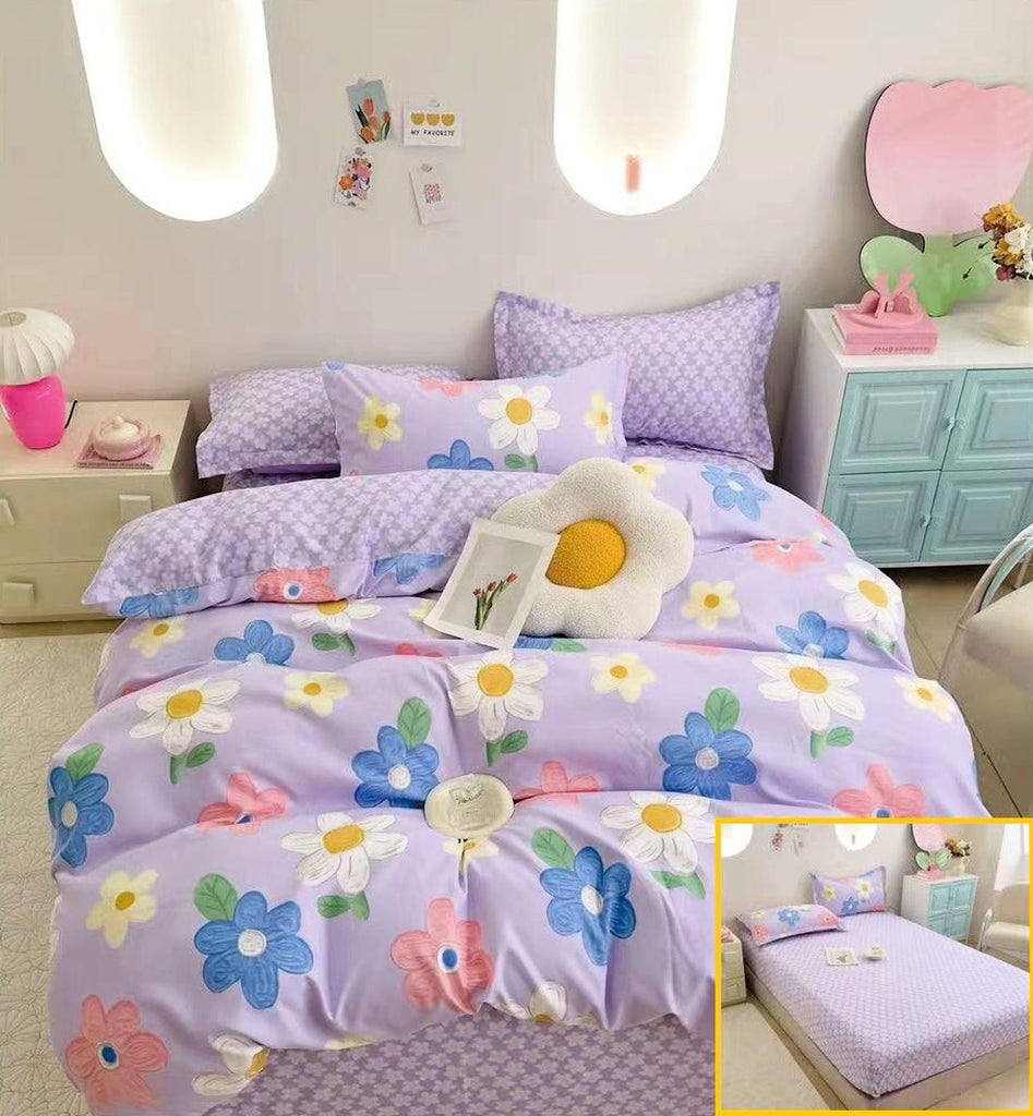 Lenjerii cu Elastic Finet Pucioasa Pat Dublu Lila Floral BFE312