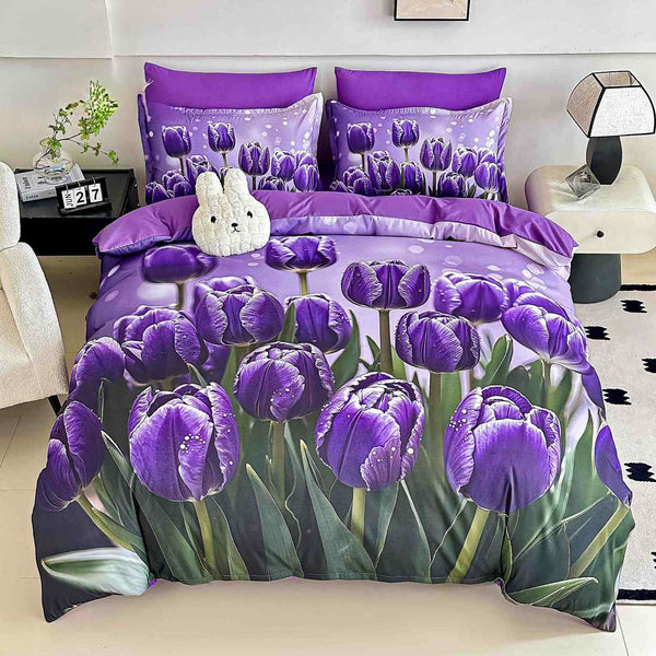 lenjerii cu elastic bumbac finet gros digital print verde mov lalele BFEJ534