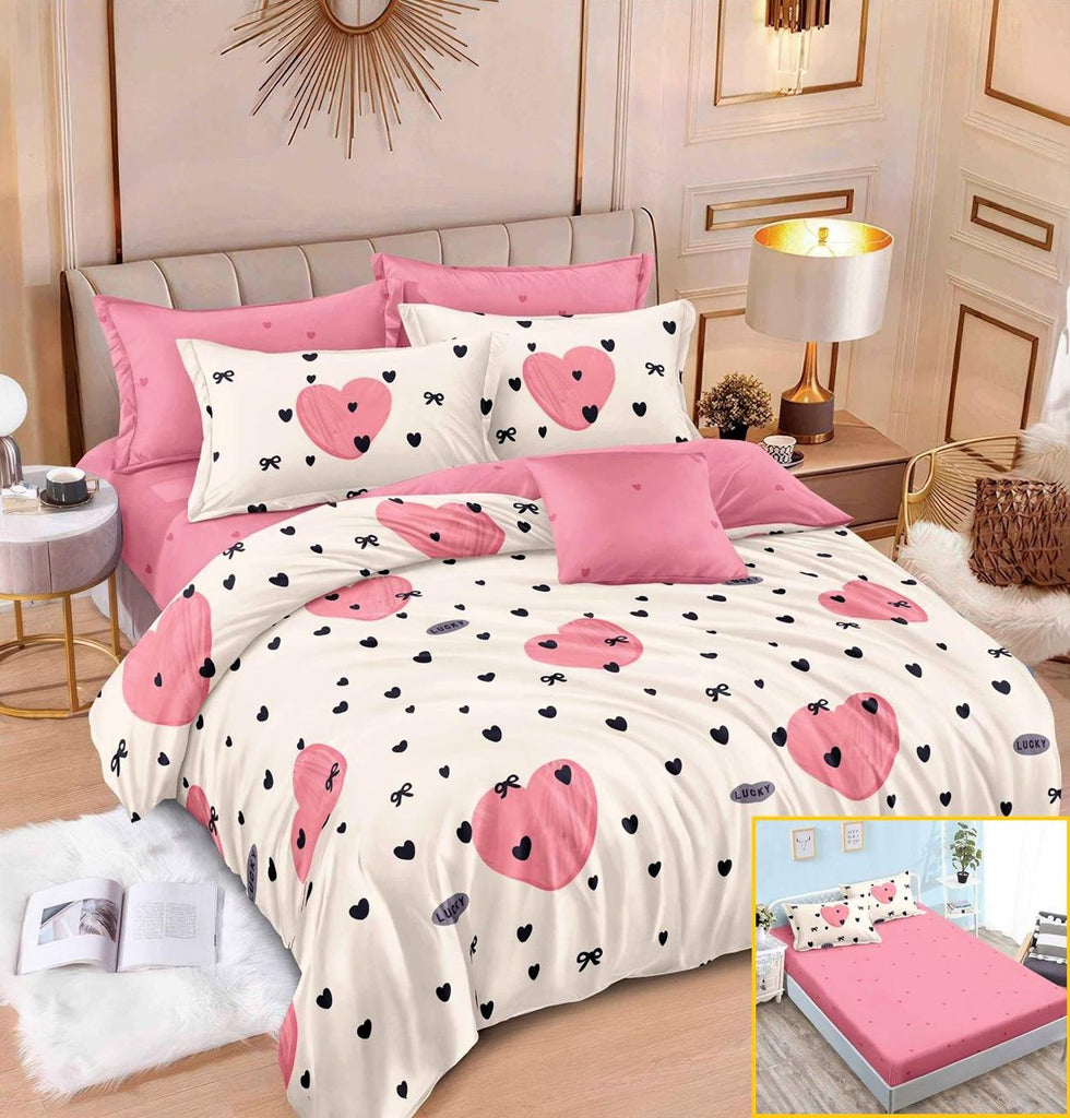 Lenjerii cu Elastic Finet Pucioasa Pat Dublu Bej Roz Inimioare BFE303