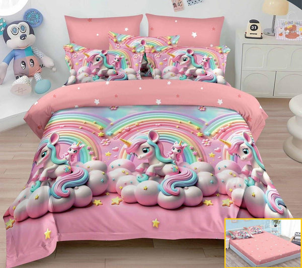 lenjerii cu elastic finet pucioasa pat dublu roz curcubeu unicorni BFE329