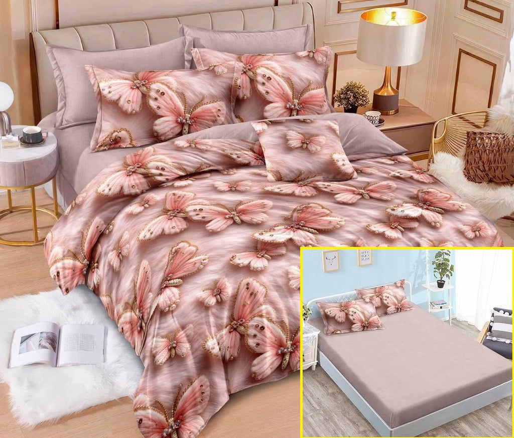 Lenjerii cu Elastic Finet Pucioasa Pat Dublu Roz Fluturi BFE361