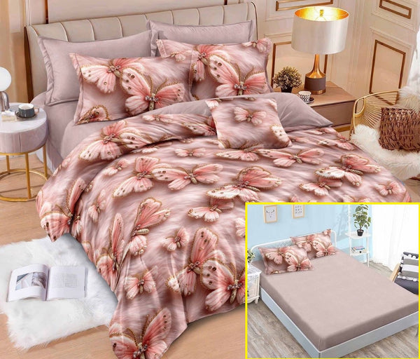 Lenjerii cu Elastic Finet Pucioasa Pat Dublu Roz Fluturi BFE361