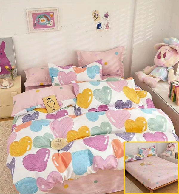 Lenjerii cu Elastic Finet Pucioasa Pat Dublu Roz Inimioare Colorate BFE311