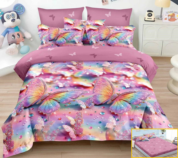 lenjerii cu elastic finet pucioasa pat dublu roz multicolor fluturi BFE328