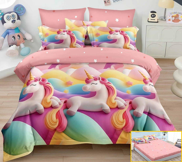 lenjerii cu elastic finet pucioasa pat dublu roz multicolor unicorni BFE332