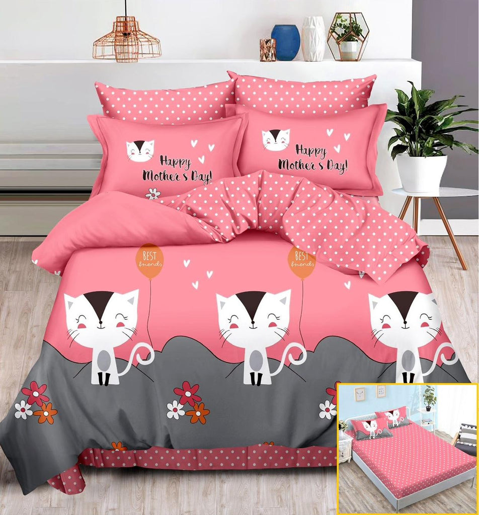 Lenjerii cu Elastic Finet Pucioasa Pat Dublu Roz Pisica BFE42