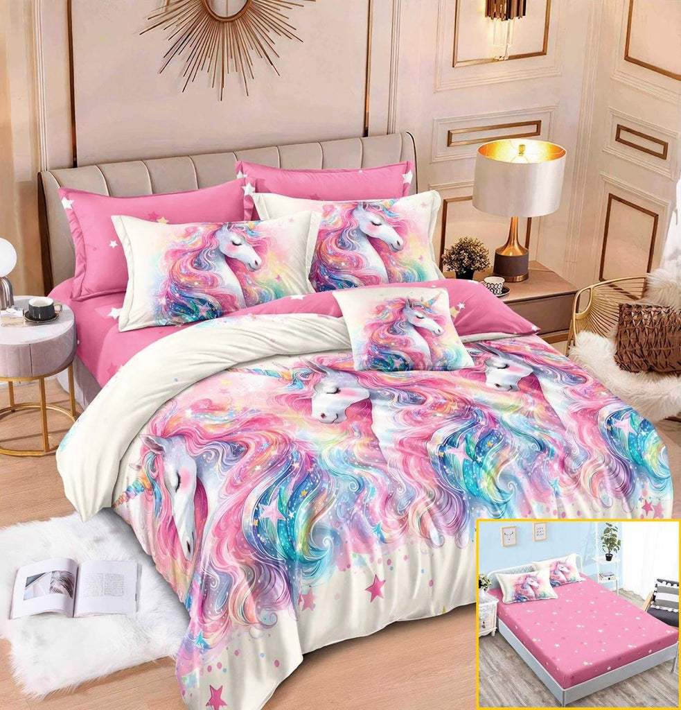 Lenjerii cu Elastic Finet Pucioasa Pat Dublu Multicolor Unicorni BFE292