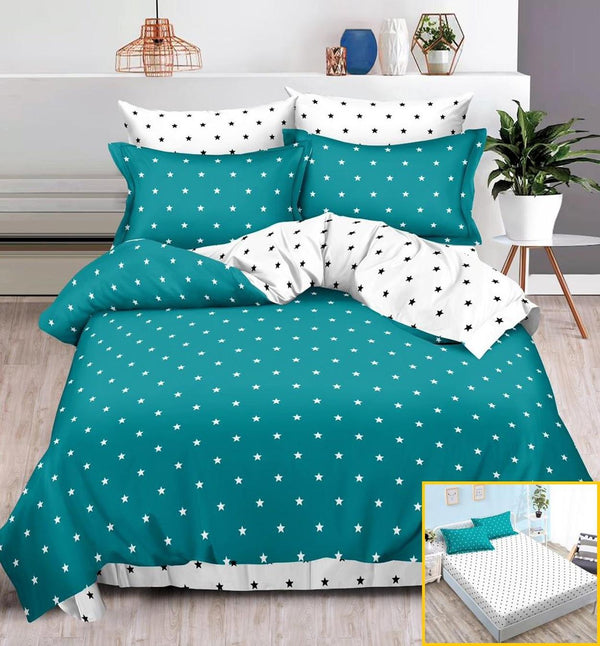 Lenjerii cu Elastic Finet Pucioasa Pat Dublu Turcoaz Albe Stelute BFE17