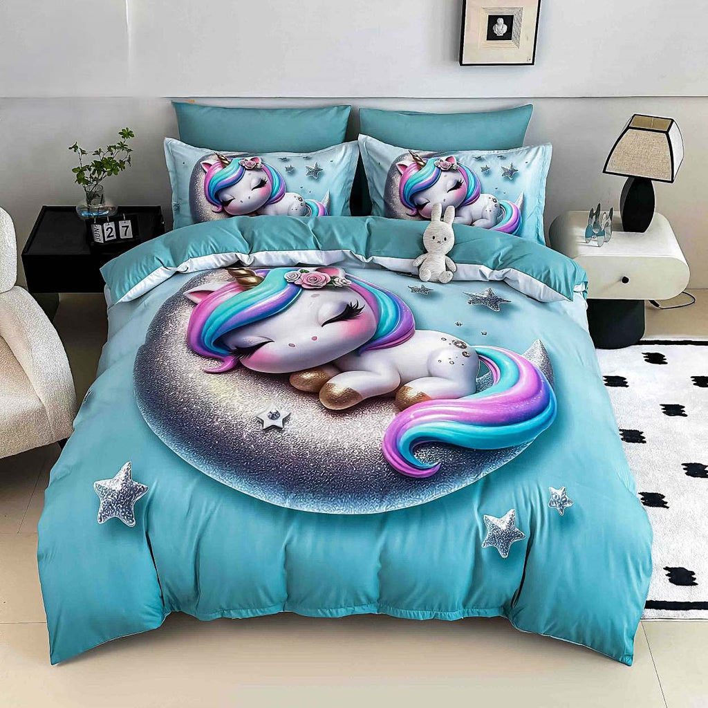 lenjerii cu elastic bumbac finet gros digital print albastru turcoaz unicorni luna BFEJ505